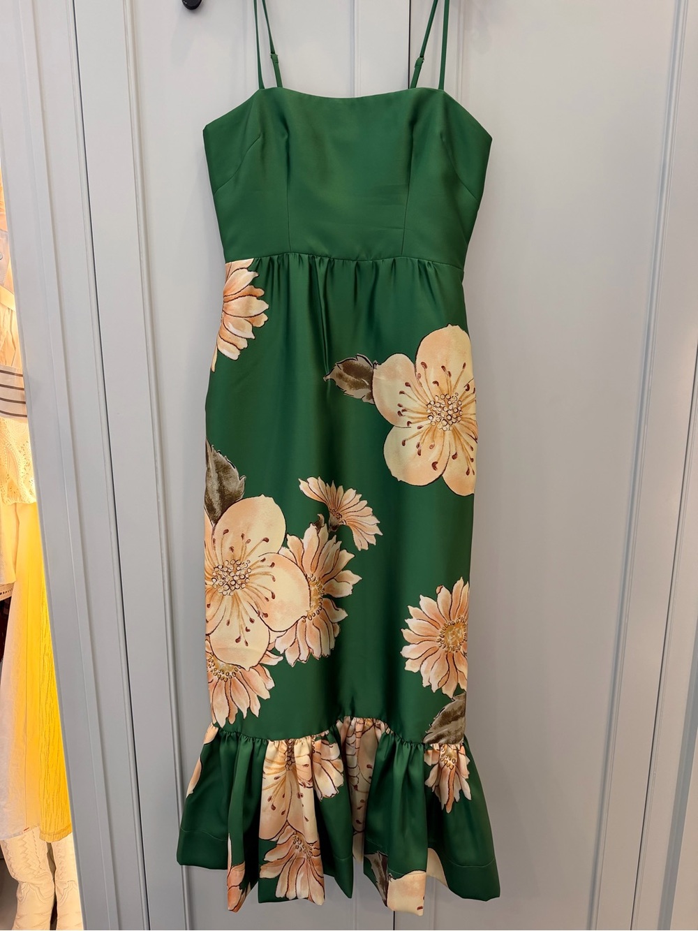 ALEMAIS Sage Midi Dress featuring cream colored flowers.  Silk.  Never worn.